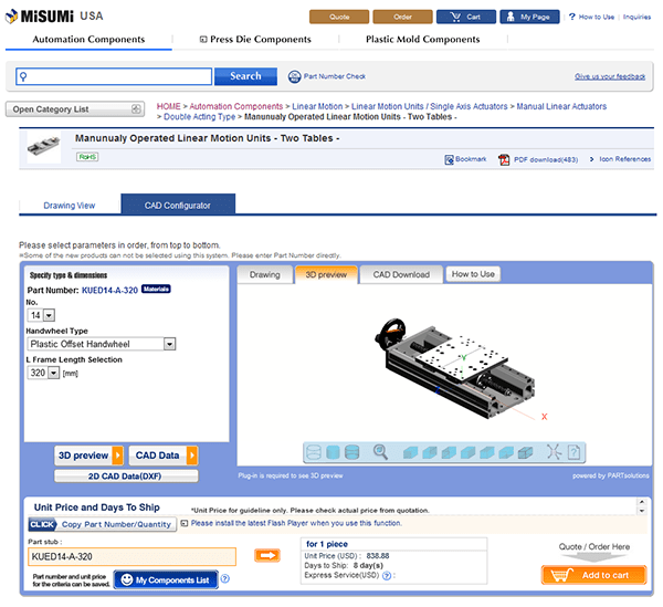Misumi product configurator software powered by CADENAS PARTsolutions