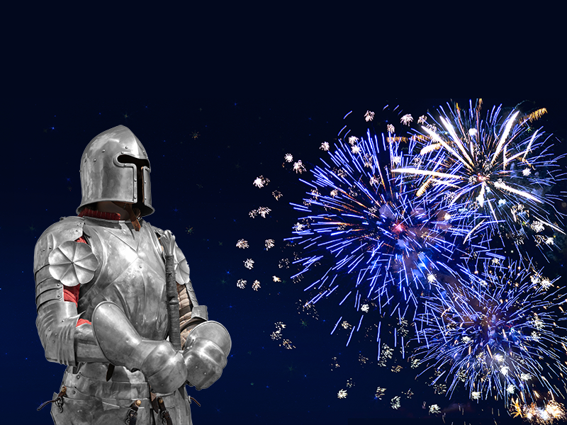 Medieval knight in a suit of armor looking at a fireworks display. Steel-Belted Pillow Monster Gets Closer to Fireworks Than You Can.