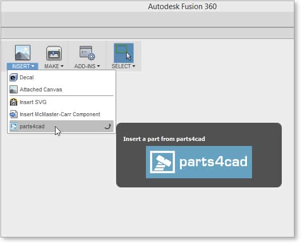 Parts4cad is easily launched from within Autodesk Fusion 360. Simply navigate to the “insert” tab and select “parts4cad” from the drop-down menu.