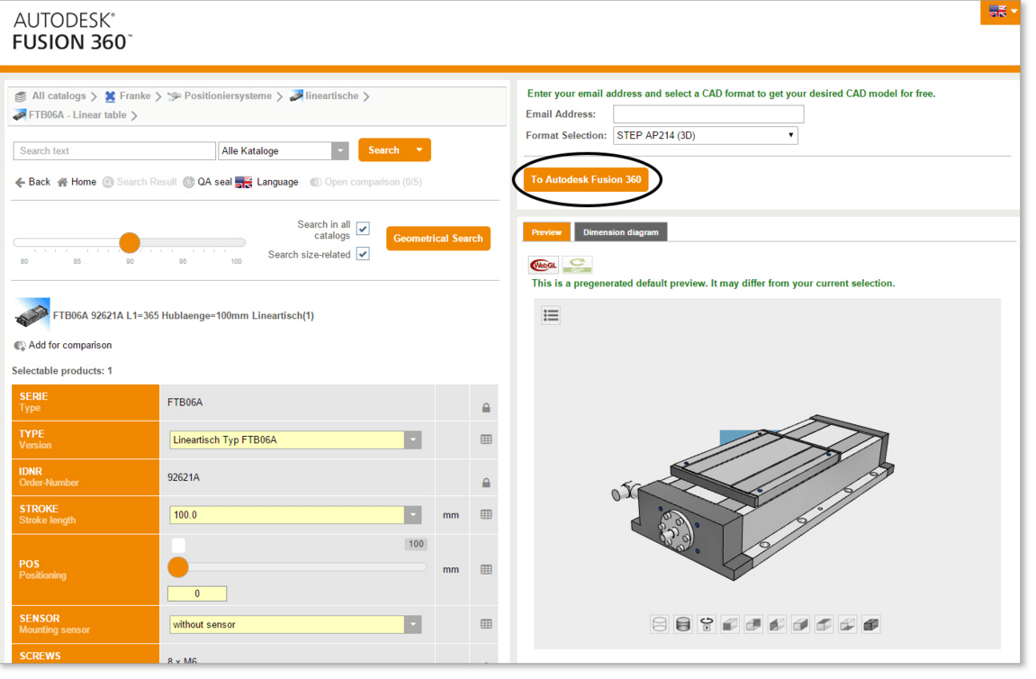 When the user is happy with their part selection, they click the button “To Autodesk Fusion 360“ whcih starts the transfer of the part into the design.