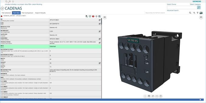 Siemens contactor with all planning relevant information in Siemens Teamcenter powered by CADENAS.