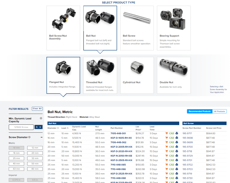 New Thomson Ball Screw Selection Tool Streamlines Online Product Selection