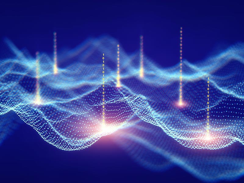 A picture showing virtual waves with binary code illustrating machine learning and predictive maintenance.