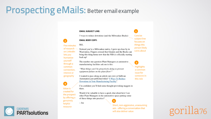 A breakdown of a good manufacturer email with notes in orange