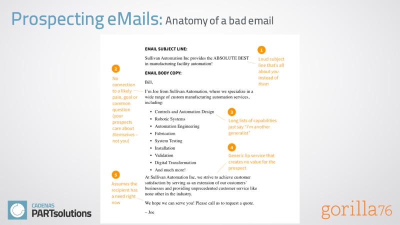 A bad marketing email with notes in orange