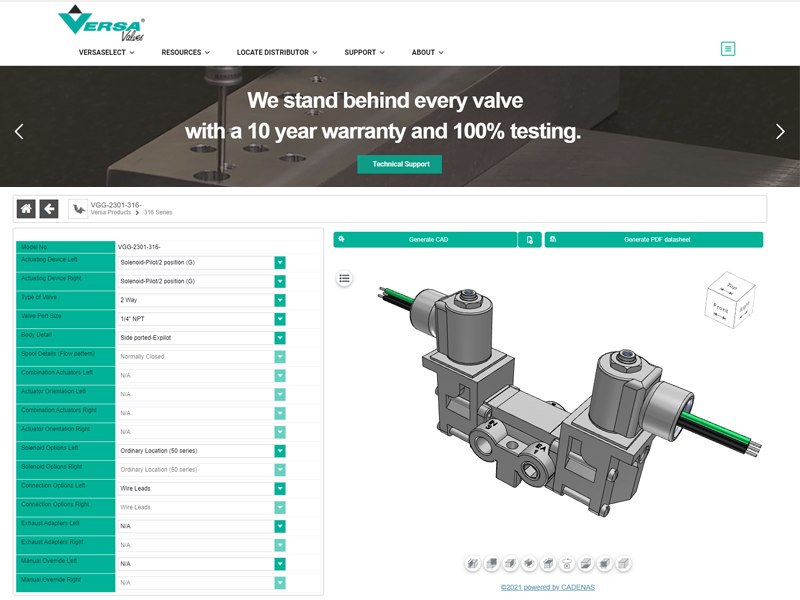 Versa Products Launches Second Phase of 3D CAD downloads, adding V-316 Series Valves, Built by CADENAS PARTsolutions