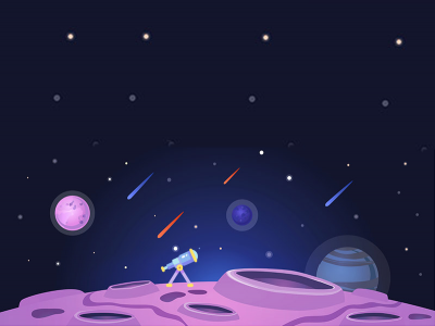 Cartoon space banner with purple planet surface with craters and a telescope on night galaxy sky