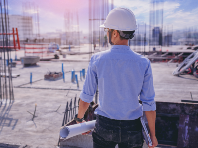 Architect holding rolled-up blueprints while looking over a building site. Marketing to Architects: Inbound Resources for Product Manufacturers