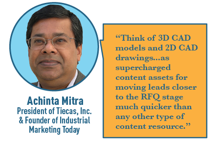 Quote bubble from Achinta Mitra: Think of 3D CAD models and 2D CAD drawings...as supercharged content assets for moving leads closer to the RFQ stage much quicker than any other type of content resource. Industrial Marketing that’s Recession-proof: 4 Budget-friendly Marketing Tactics.