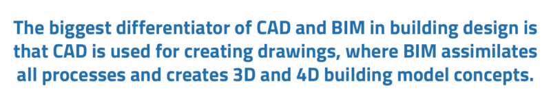 The biggest differentiator of BIM vs CAD in building design is that CAD is used for creating drawings, where BIM assimilates all processes and creates 3D and 4D building model concepts.