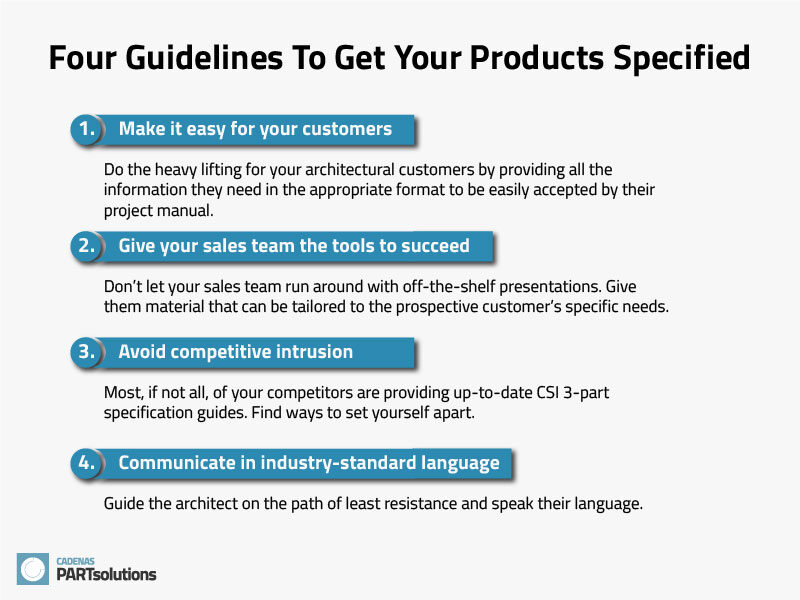 Infographic with four guidelines to get your products specified.