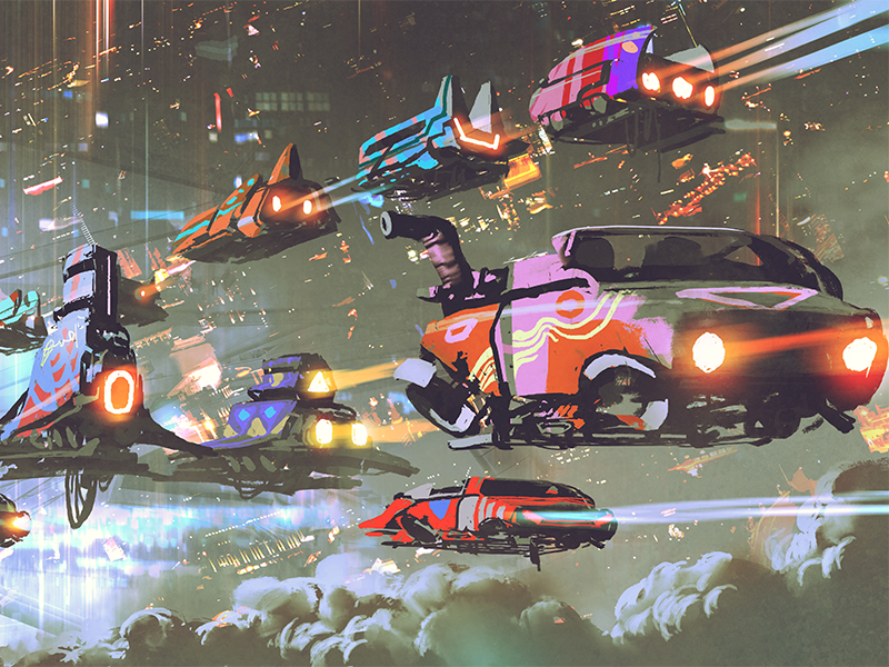 A painting of brightly-colored, futuristic flying cars driving in traffic. Engineering Cartoon Cars: Real-Life Automotive Ingenuity [VIDEO]