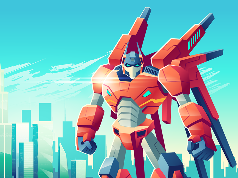 Red Transformer standing in front of a city skyline. Engineering Cartoon Cars: Real-Life Automotive Ingenuity [VIDEO]