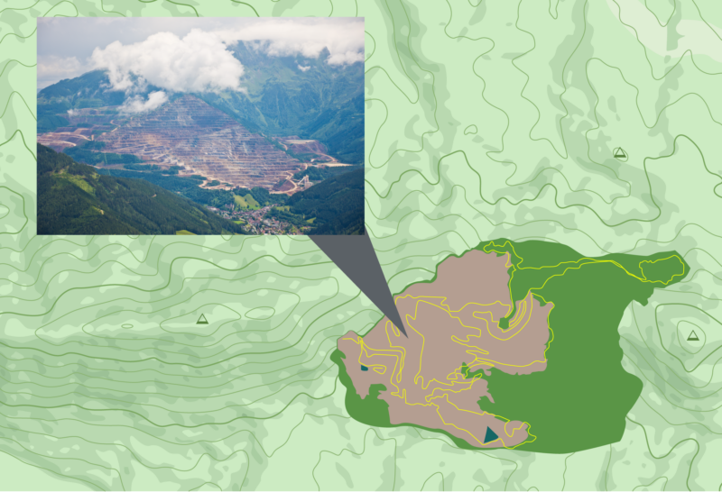 A course map of the 2019 Erzbergrodeo Red Bull Hare Scramble, with a picture of the Erzberg Iron Giant mountain next to the map.